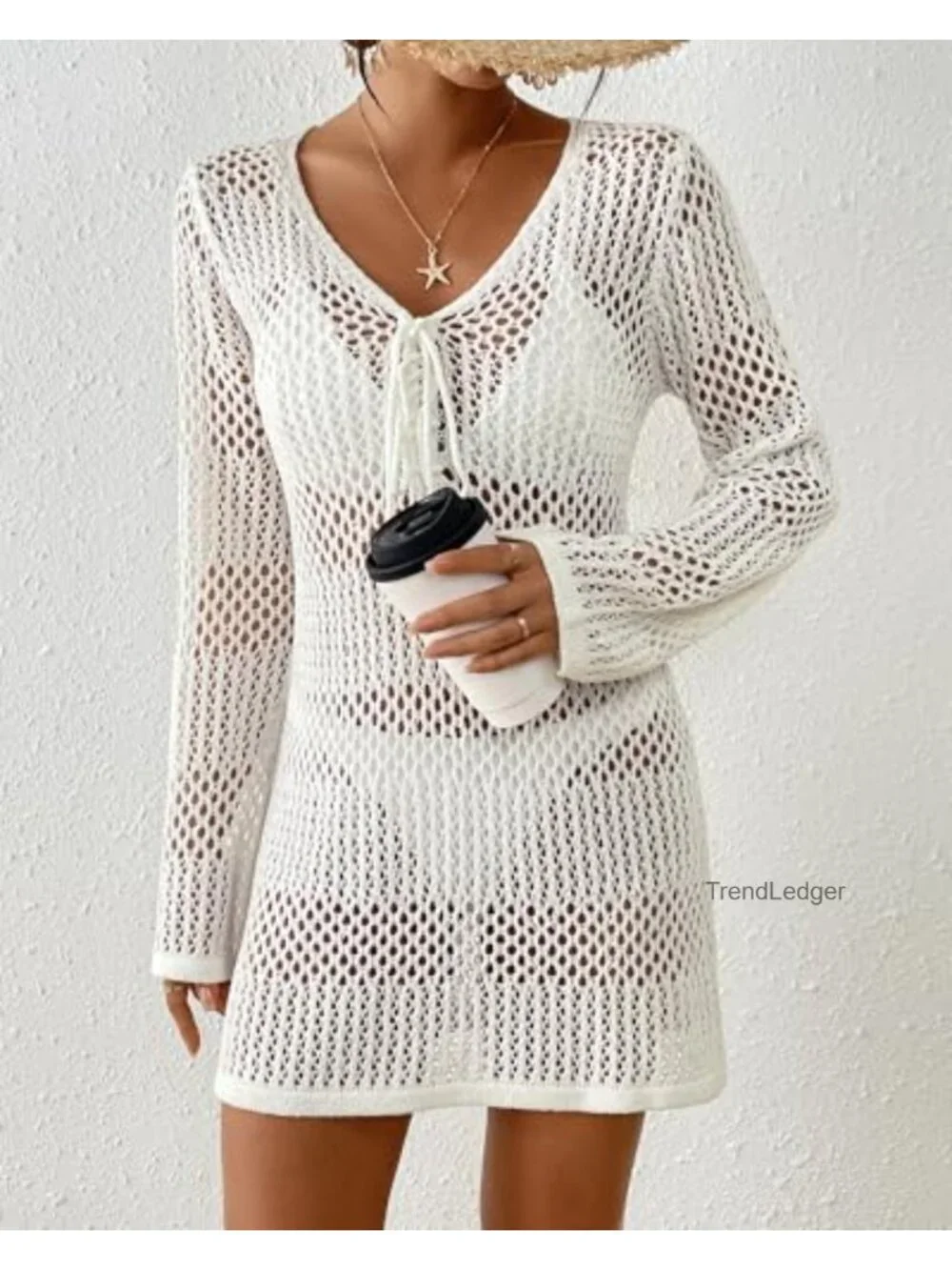 Crochet Coverup Long Sleeve V Neck Knit Beach Bathing Suit Cover Up Mesh Hollow